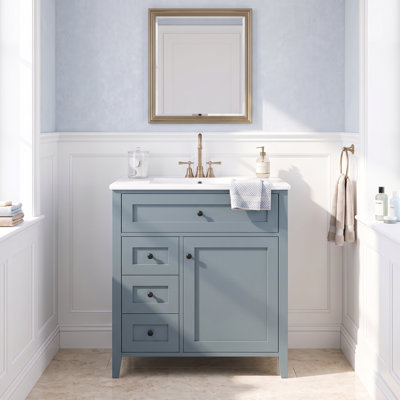 Meuble-lavabo autoportant de 76 cm (30 po) en MDF et bois d'hévéa bleu avec lavabo, 3 tiroirs et tablette ajustable