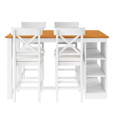 Ensemble de table de salle à manger à hauteur de comptoir en bois 60 po x l 30 po avec tablettes de rangement à 3 niveaux et chaises rembourrées pour 4, 5 pièces, blanc