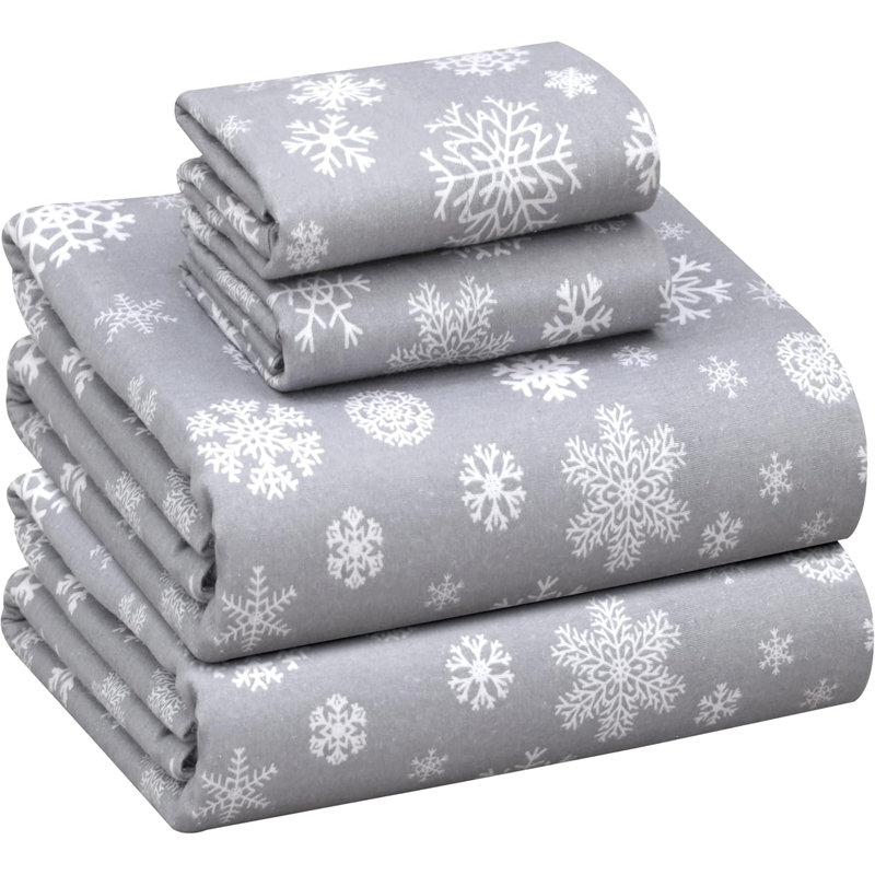 100% Cotton Flannel Sheet Set 4 Piece Warm Cozy Fall Sheets 16 inch Deep Pocket Bed Sheets, Snowflakes Floral