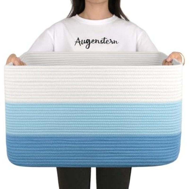 Large Blanket Basket, 22”X17”X12” Rectangle Woven Baskets, Nursery Blanket Storage Living Room, Toy Storage With Handle, Large Baskets For Organizing-Gradient Light Blue