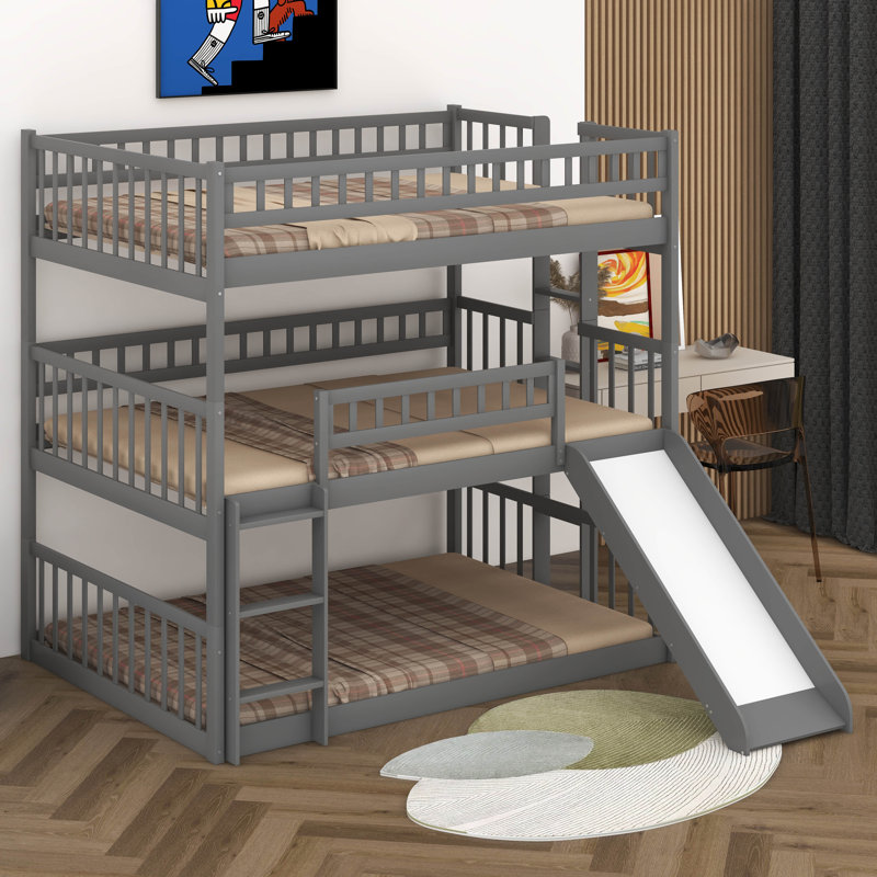 Full-Over-Full-Over-Full Triple Bed With Built-In Ladder And Slide, Triple Bunk Bed With Guardrails, 3 Bed Bunk Beds For Kids