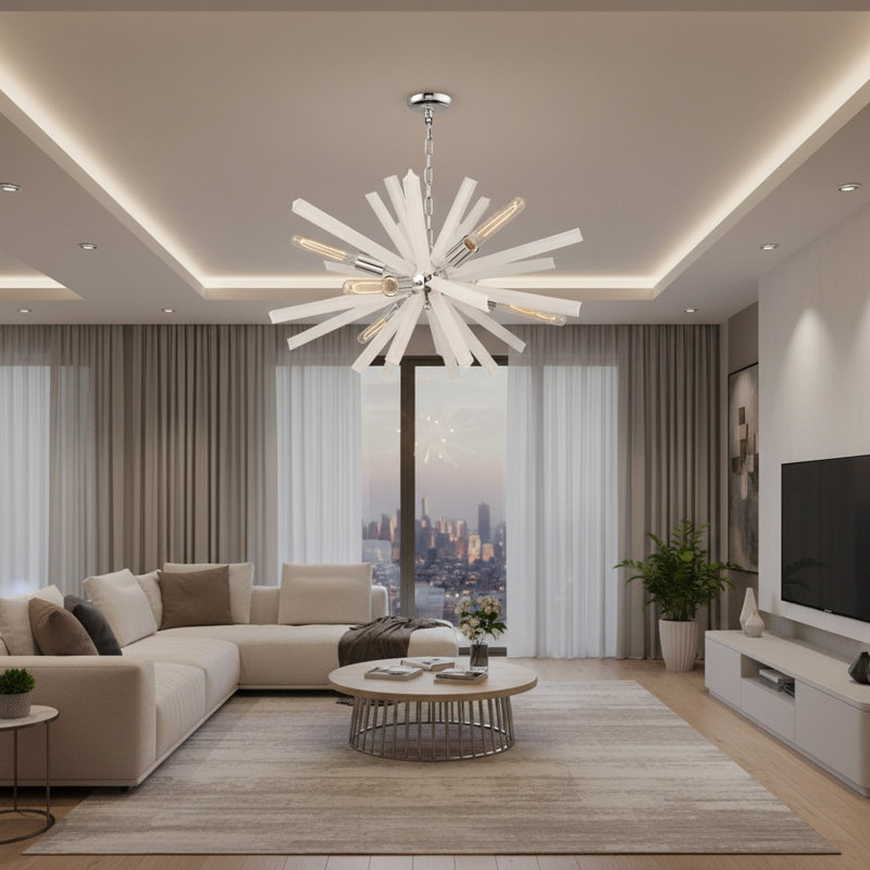 Lustre 9 lumières Spoutnik en chrome et cristaux blancs