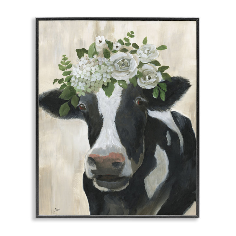 «Floral Crown Cow», art de la giclée encadrée par Nan, Giclée encadrée noir minuit, H 20 po x l 16 po