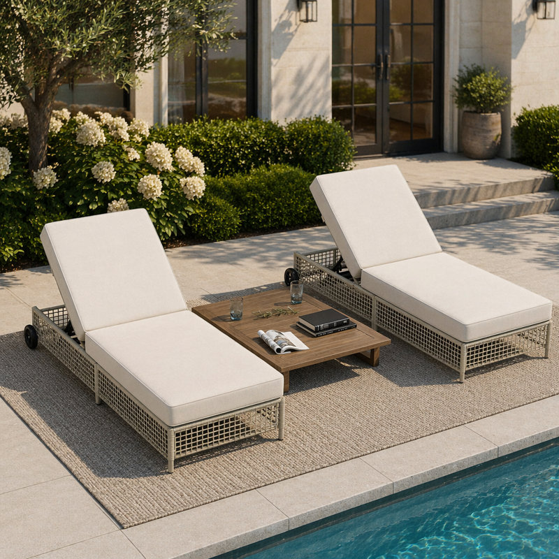 Chaise longue d'extérieur en rotin avec dossier à 5 positions, roues et coussin pour patio, piscine, jardin