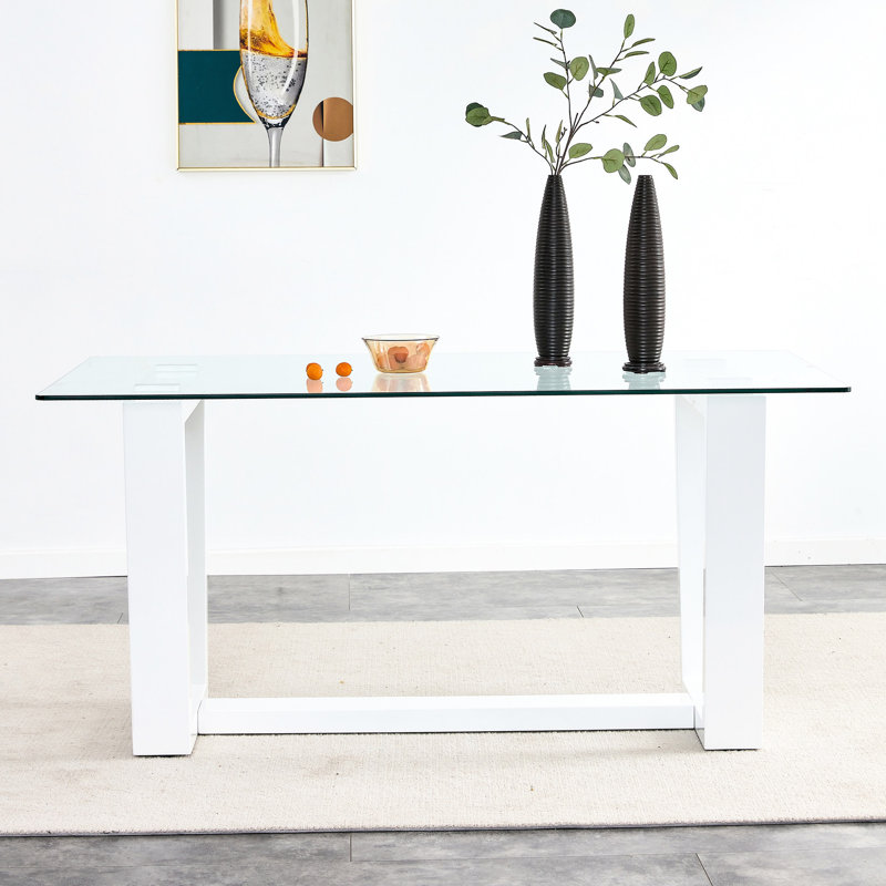 Grande table en verre trempé de 0,4 po pour 6 à 8 personnes, support blanc, salle à manger rectangulaire