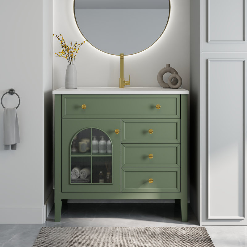 Lavabo de salle de bain 35,6 po Mid-Century avec verre à motif et bande lumineuse à capteur de mouvement, Vert