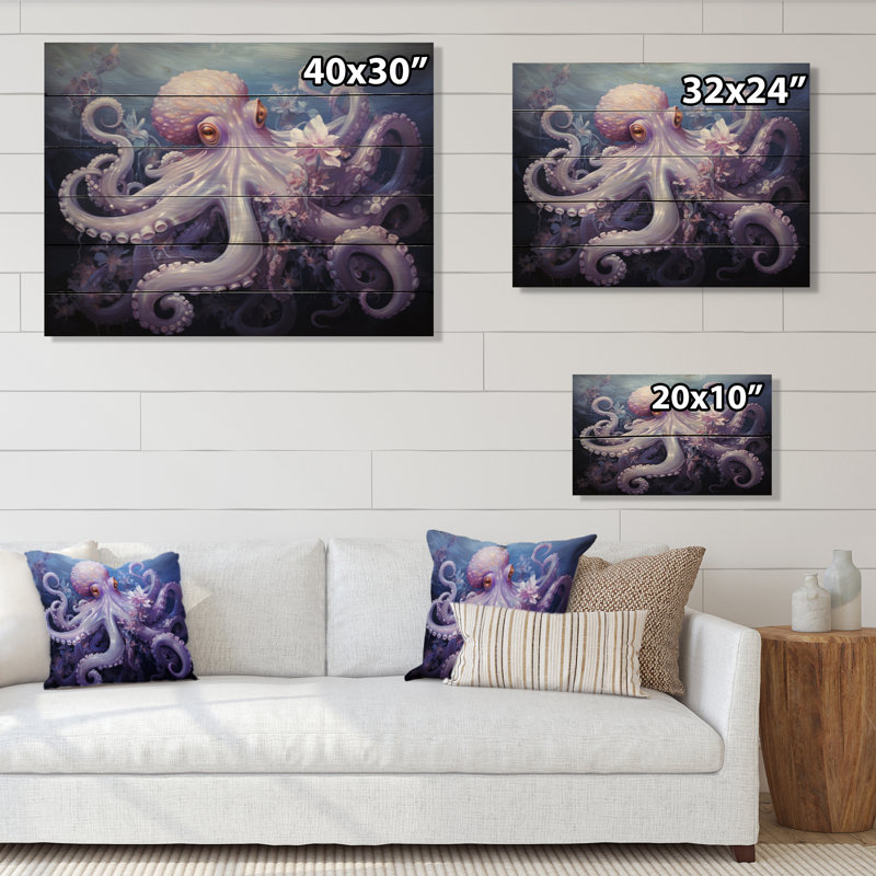 Pieuvre mauve, reflets lunaires III sur bois, H 24 po x l 32 po x P 0,78 po