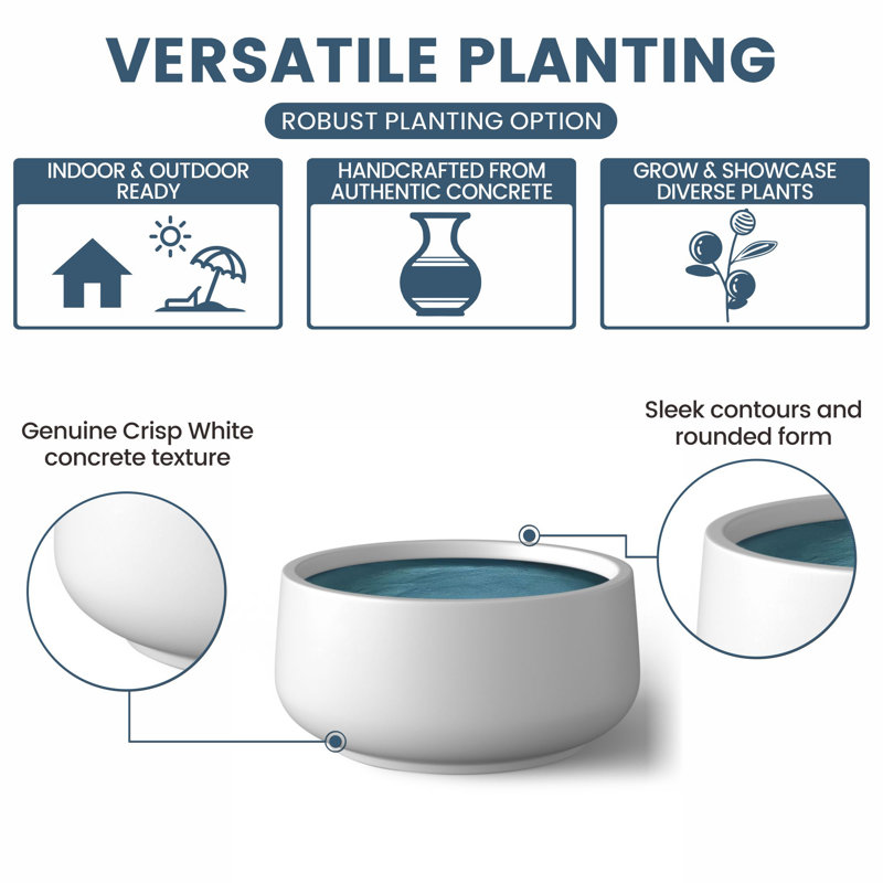 Pot à fleurs moyen rond en béton avec trous de drainage, H 10,04 po x l 17,13 po x P 17,13 po, Blanc éclatant