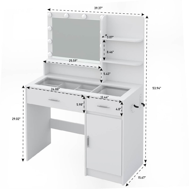 Bureau de coiffeuse blanc avec miroir et lumières, coiffeuse avec plateau en verre et prise de courant, coiffeuse avec 36 modes d'éclairage, tiroirs à luminosité réglable RVB, pour chambre de femmes et de filles (blanc)