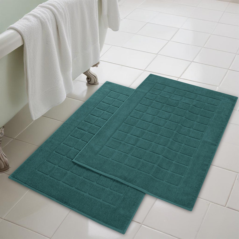 Nora Cotton Terry Solid Absorbent Thick Checkered Washable Bath Mat Set Of 2, Teal