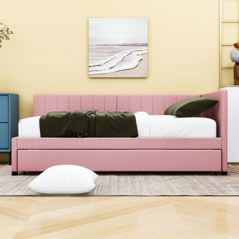 Modern Upholstered Daybed with Twin Trundle, Twin, Pink