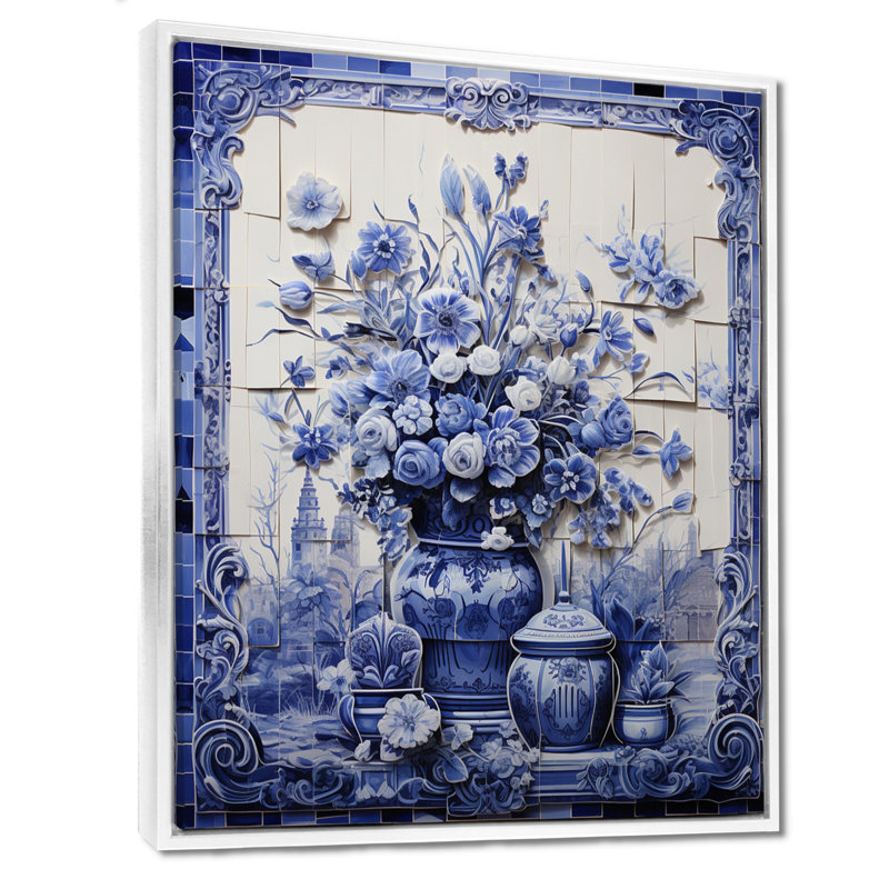 Art mural bleu et blanc Boho Flower Pottery II - Boho Pottery, H 32 po x l 24 po x P 1 po, Cadre flottant blanc