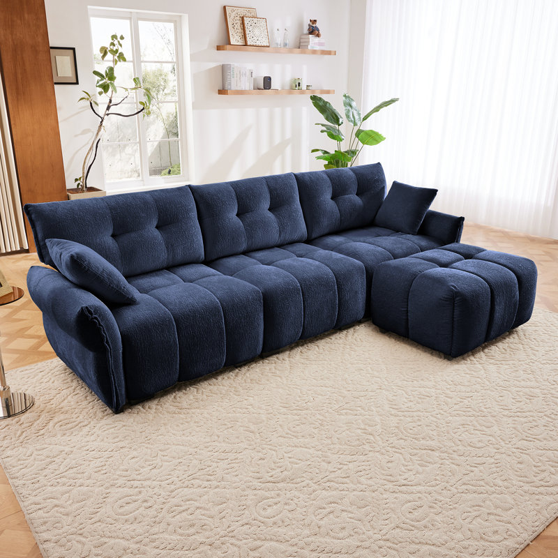 Ensemble de canapé à trois places avec repose-pieds et coussins, bois massif, chenille texturée, Bleu