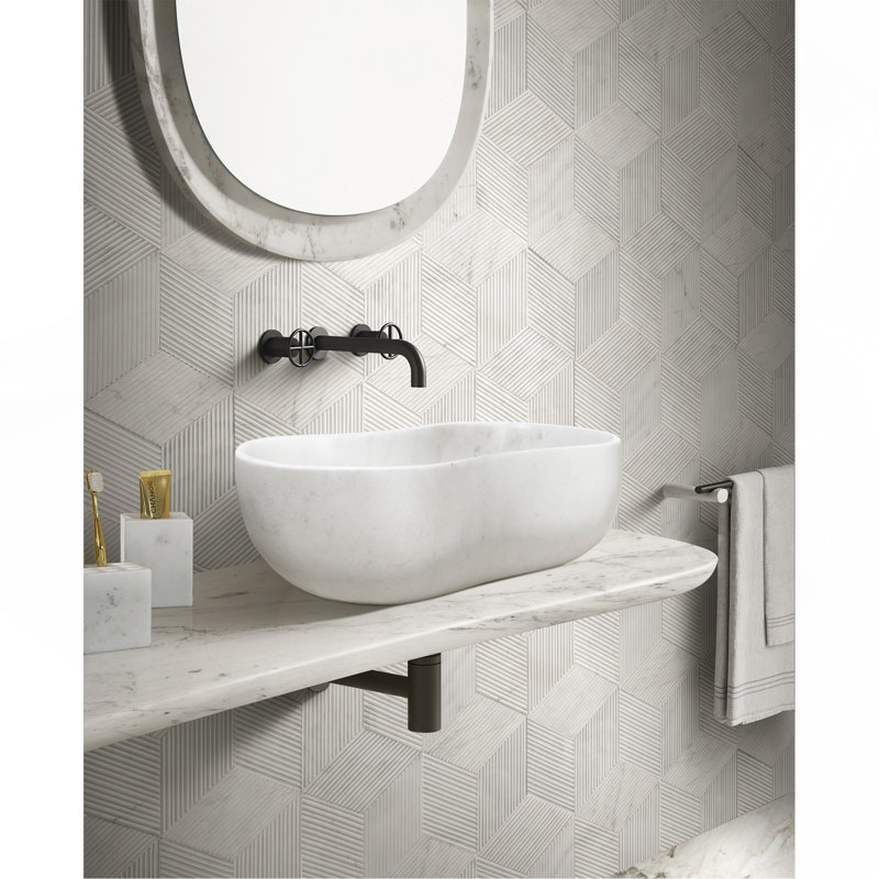 Lavabo vasque en marbre blanc naturel, surface semi-polie, marbre véritable naturel, 23,6 x 14,2 x H 7,1 pouces / 600 x 360 x 180 mm
