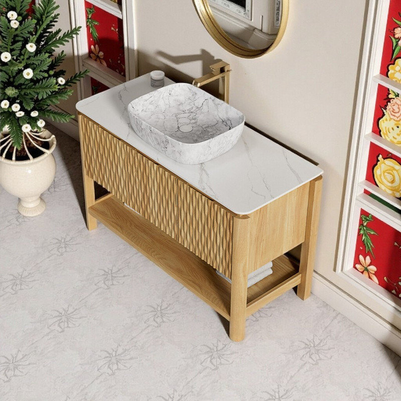 Meuble-lavabo 48 po avec lavabo vasque, 3 portes en bambou texturé, plateau en pierre frittée, lavabo en céramique