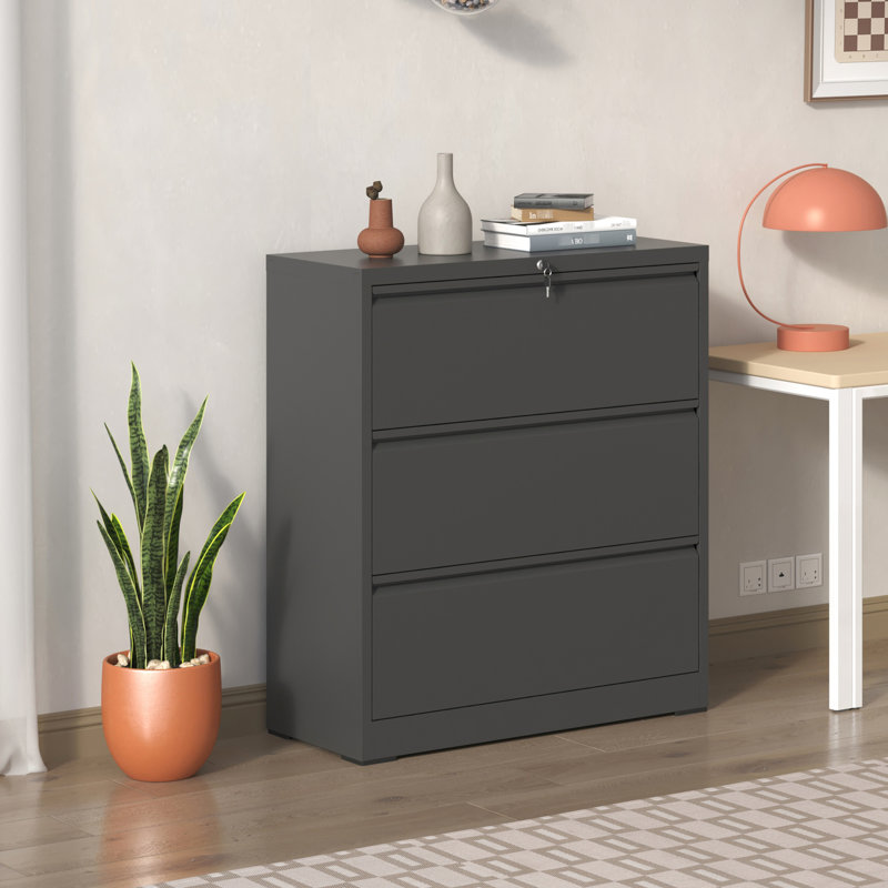 Lockable Black Metal 3 Drawer Filing Cabinet For Professional Office Locking Use, Exterior, Black