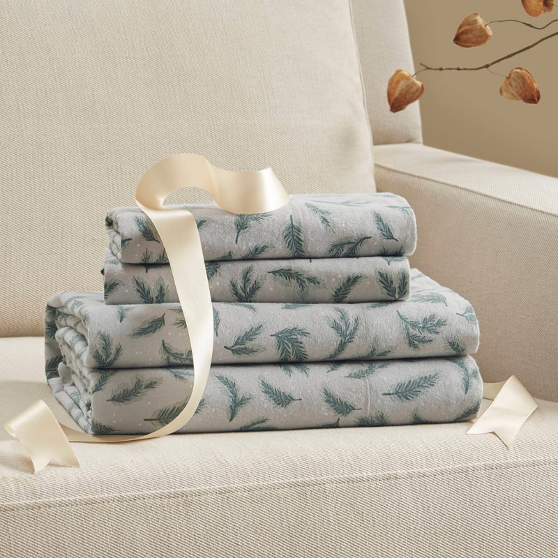 Ensemble de draps 4 pièces en flanelle de coton imprimée 4 pièces King, Ensemble de draps pour très grand lit avec 2 taie