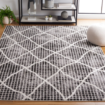 Tapis rectangulaire en polyester tissé à la machine à motif géométrique gris anthracite / ivoire / gris