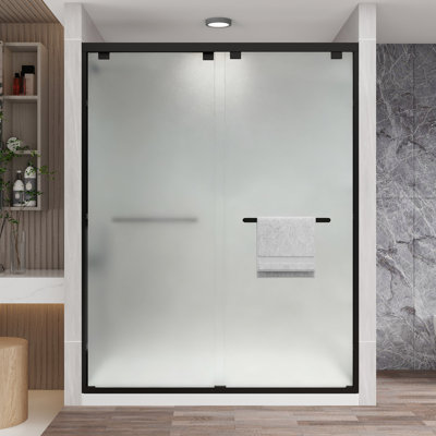 Porte de douche coulissante en aluminium noir mat 61 po x l 76 po x H 76 po noir mat avec verre trempé givré de 1/4 po, poignée double