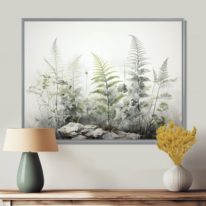 Ferns Silver Whispers I - fougères, art mural encadré, H 16 po x l 32 po x P 1 po, Encadrement argenté