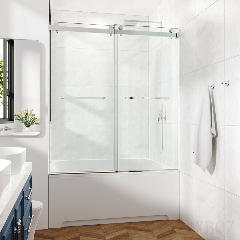 Porte de douche coulissante double sans cadre 60 x 60 po, porte de douche double, verre trempé Sgcc 3/8 po (10 mm), acier inoxydable, chrome