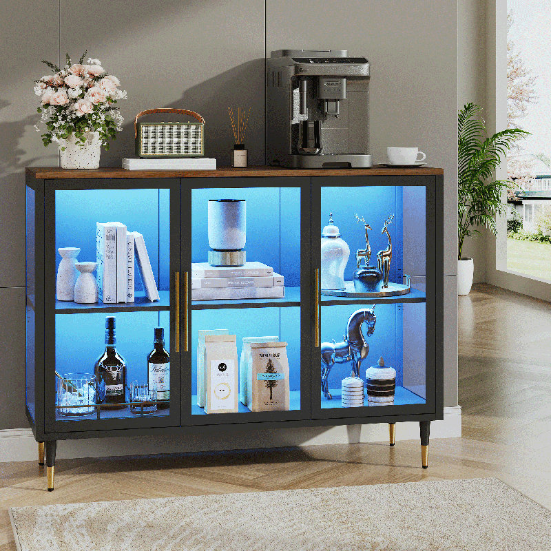 Sideboard Buffet Cabinet With Glass Door, Adjustable Shelves, RGB Light, Black