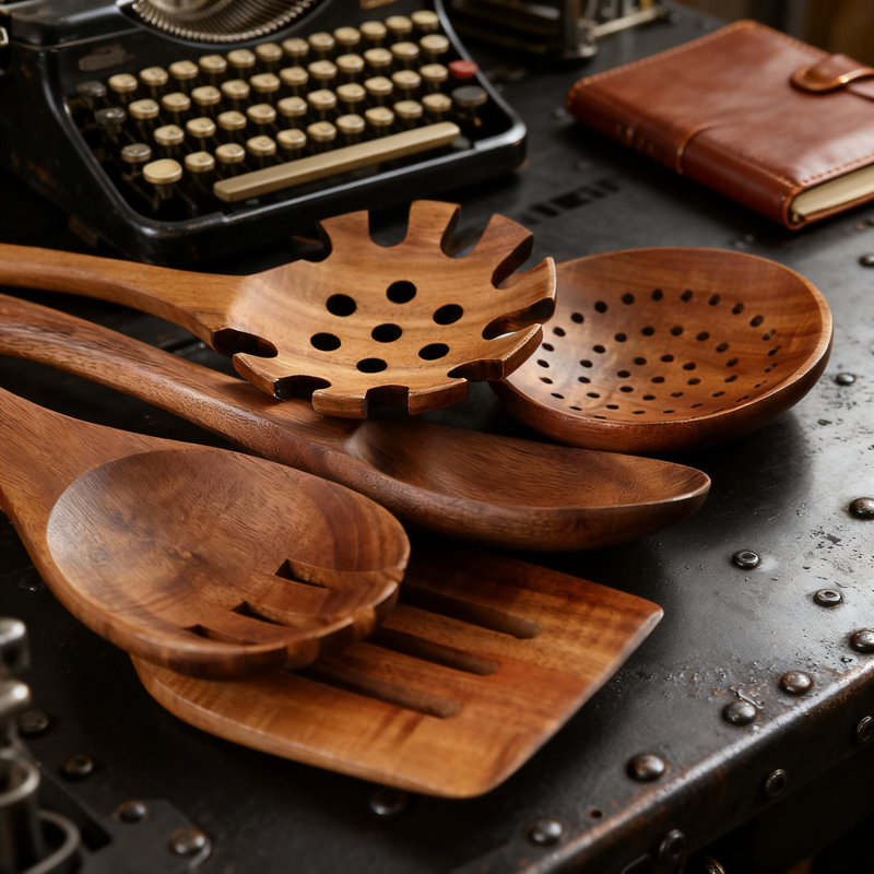 Ensemble d'ustensiles de cuisine 8 pièces en bois de teck avec tonneau de rangement, cuillères et spatules en bois naturel pour batterie de cuisine antiadhésive, outils de cuisson durables et résistants à la chaleur