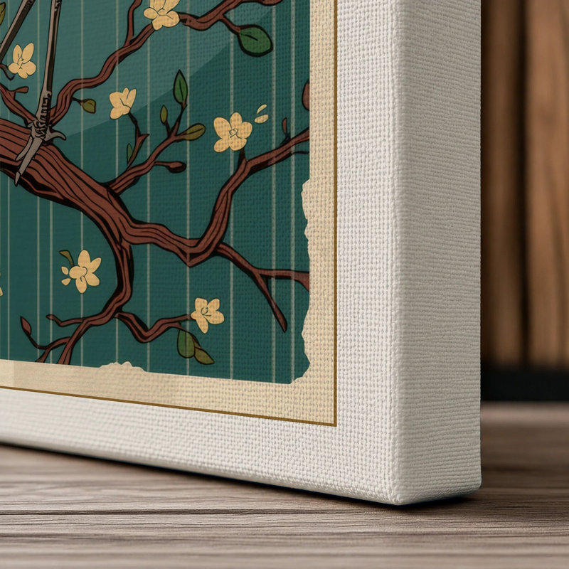 Crane Under Moon Japandi - Wrapped Canvas, 30x20 - 76.2 x 50.8 cm, Cream Border