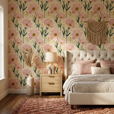 Papier peint floral avec fleurs roses et fond crème amovible