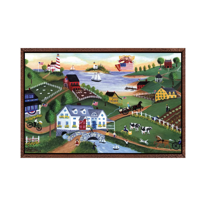 Yesteryear Village by Cheryl Bartley - Painting on Canvas, Classic Brown Wood Framed, 66.04cm H x 101.6cm W x 3.81cm D