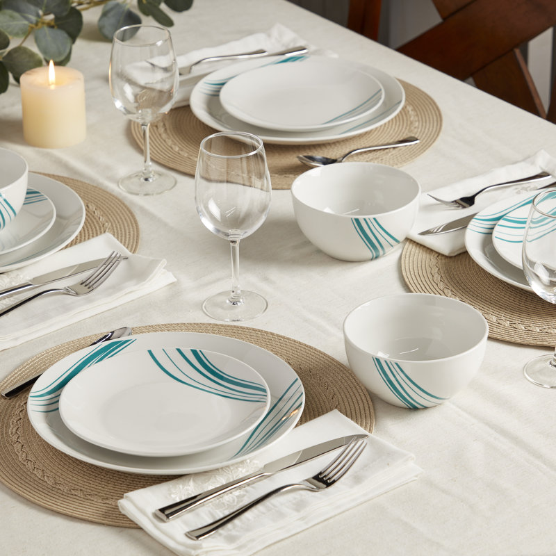 Marina White and Teal Porcelain 12-Piece Dinnerware Set, Service for 4