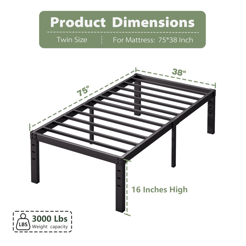 Amylia Heavy Duty 16"  Black Metal Bed Frame, No Box Spring Needed and Easy Assembly Platform Bed, Twin