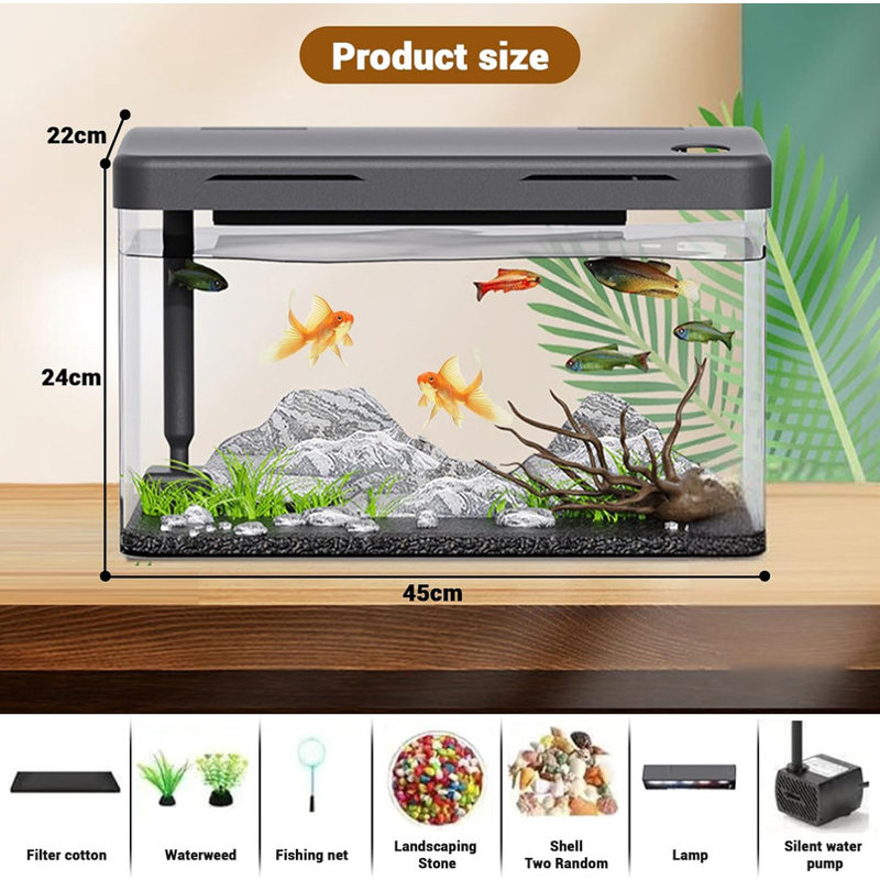 Aquarium Fish Tank Starter Kit with LED Lighting, Water Pump, Decorate Water Plants, Mini Desktop Rectangular Fish Tank, Supply Tabletop Decoration for Office