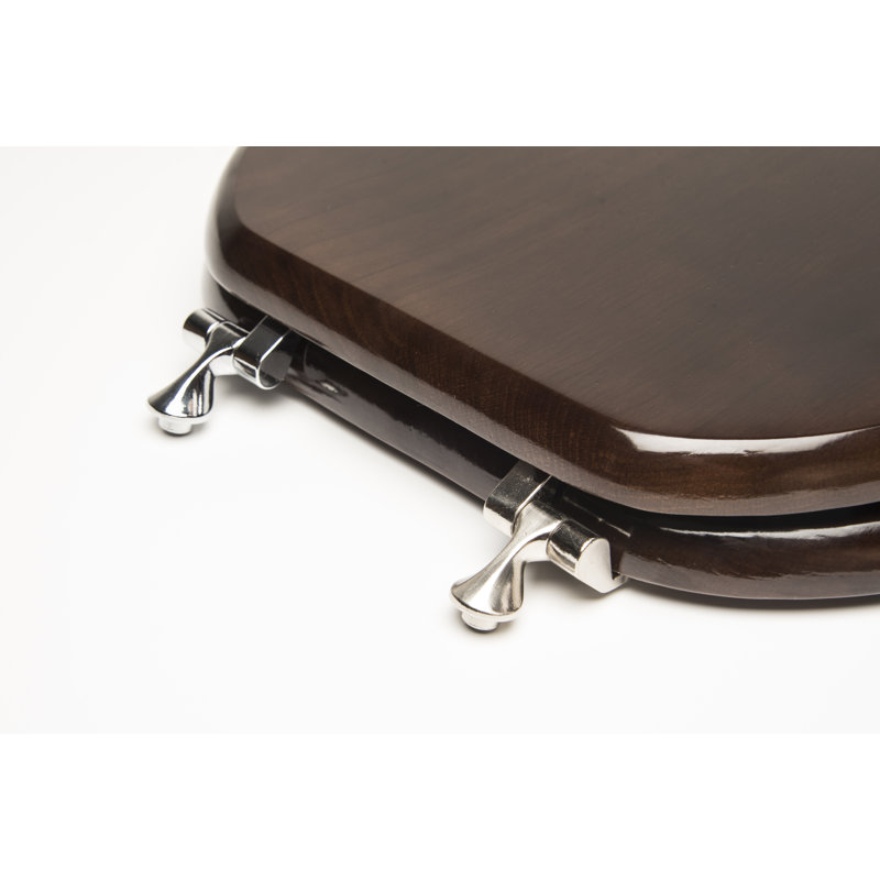 Round Toilet Seat and Lid, Chrome, Dark Brown Oak
