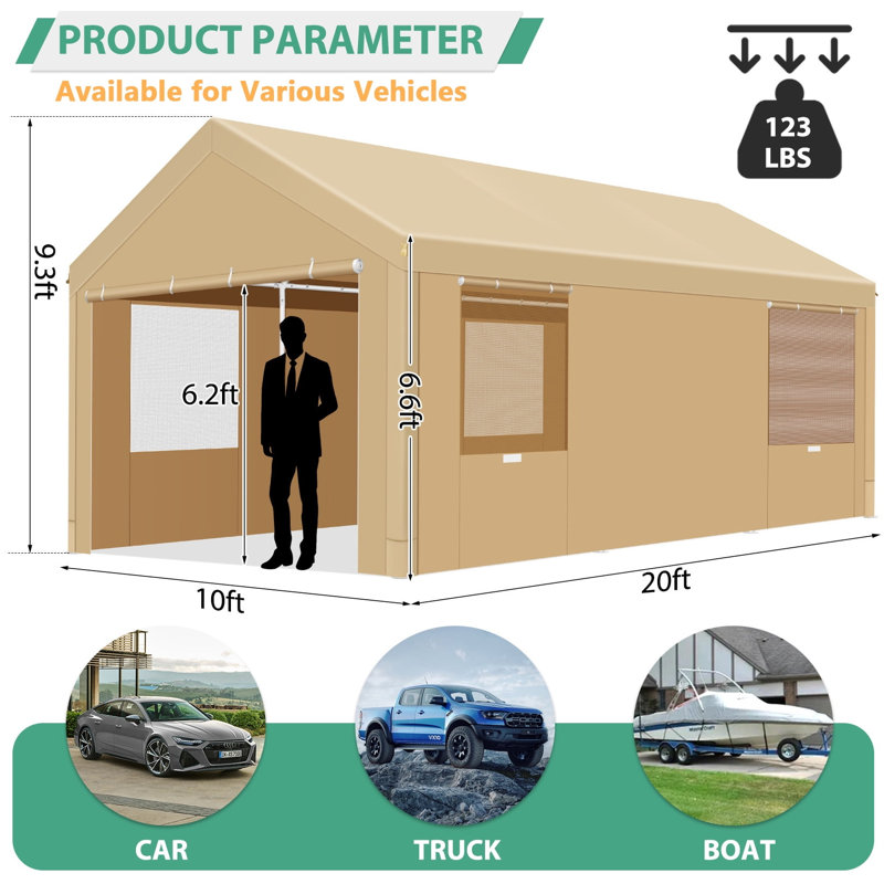 10'x20' Heavy Duty Portable Garage, Upgraded Car Canopy with Removable Sidewalls, Khaki