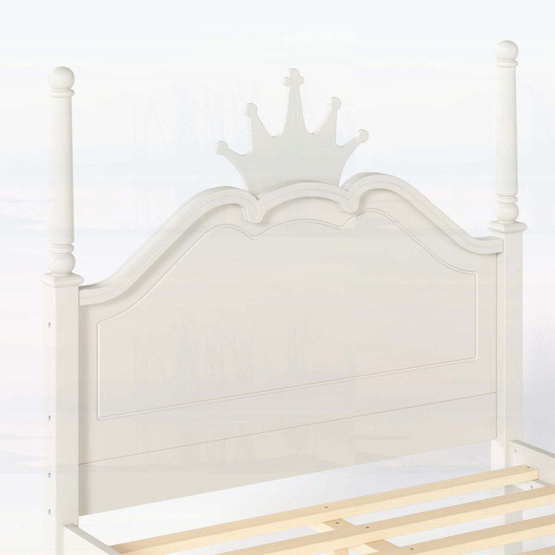 Lit plateforme double pleine grandeur avec tête de lit courbée élégante et cadre à quatre colonnes, beige
