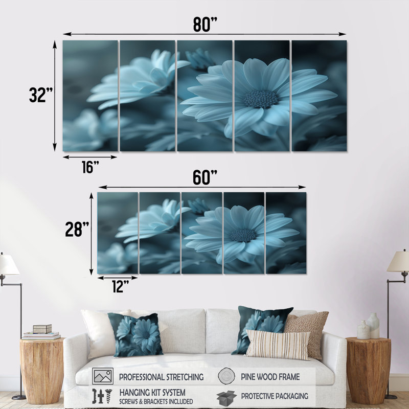 «Blue Mon monochrome Mums Garden Scenery I», ensemble d'art mural sur toile mamans, H 32 po x l 80 po