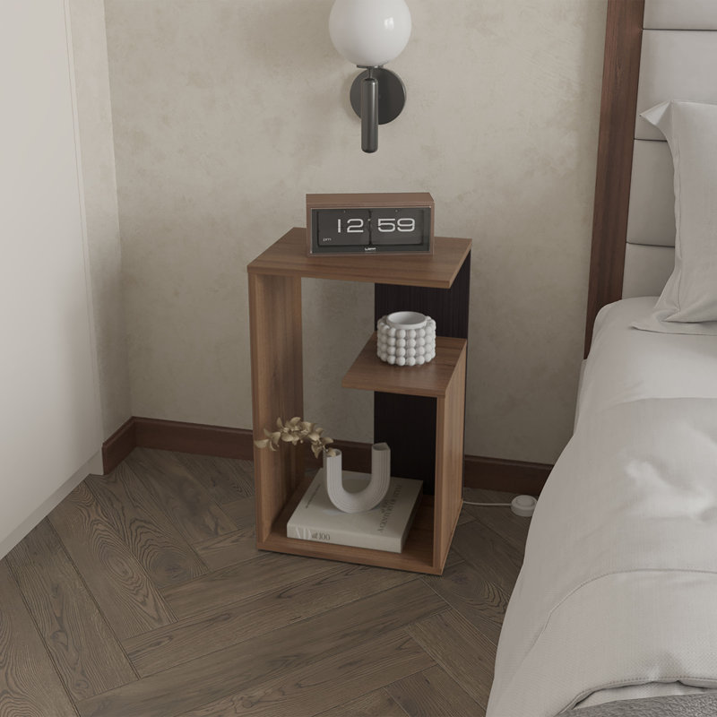 Vega Side Table In Melamine With Open Storage, Light Oak And Wengue, Light Oak
