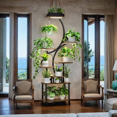 Support pour plante de 61 pouces de hauteur à 8 niveaux avec lumières à minuterie - support en forme de S en métal, noir, facile à assembler, facile à déplacer, maison et patio
