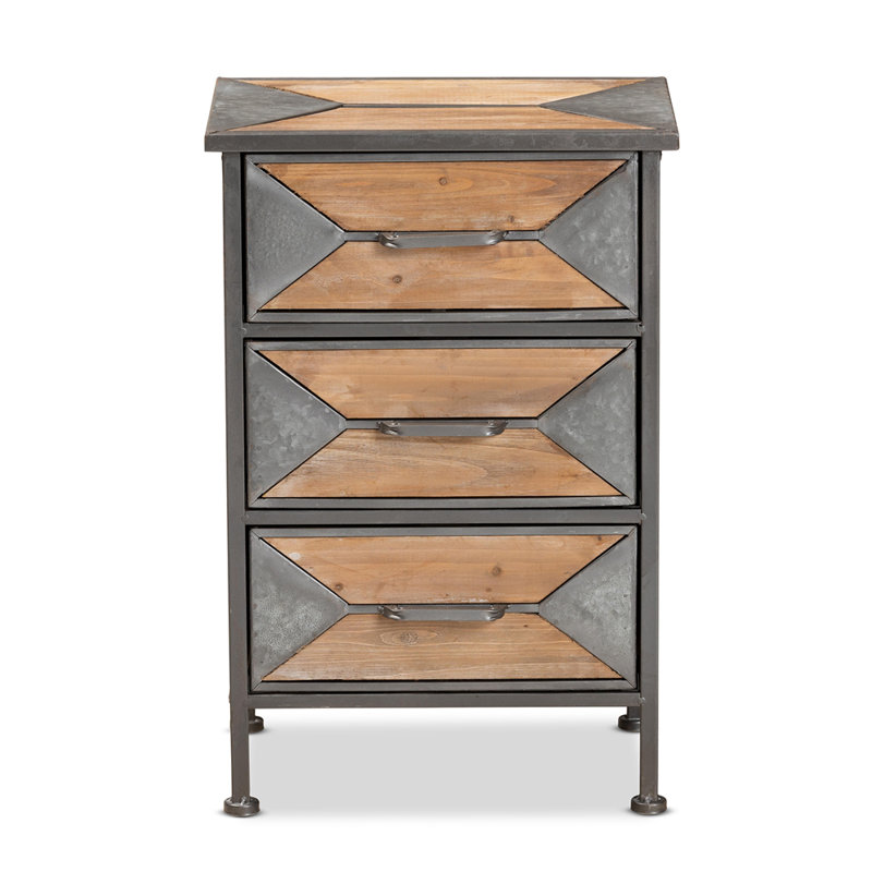 Jimia 3-Drawer Nightstand in Grey & Oak Brown Finished Wood, 23.8'' H X 15.7'' W X 11.8'' D