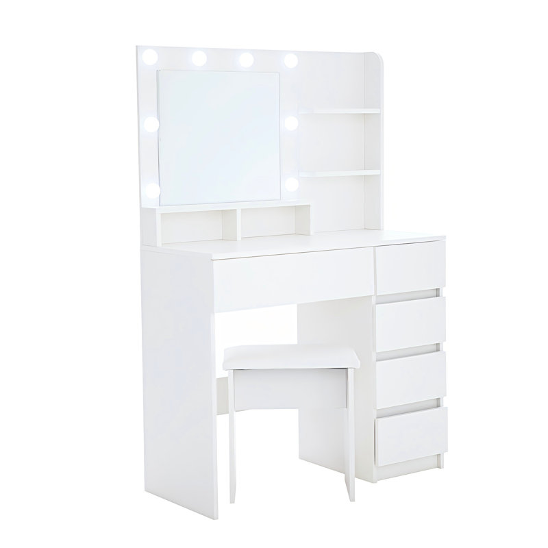 Coiffeuse de maquillage avec miroir et 3 modes de couleurs, 4 tiroirs, design moderne, tables de rangement spacieuses et citations, volume abondant, blanc