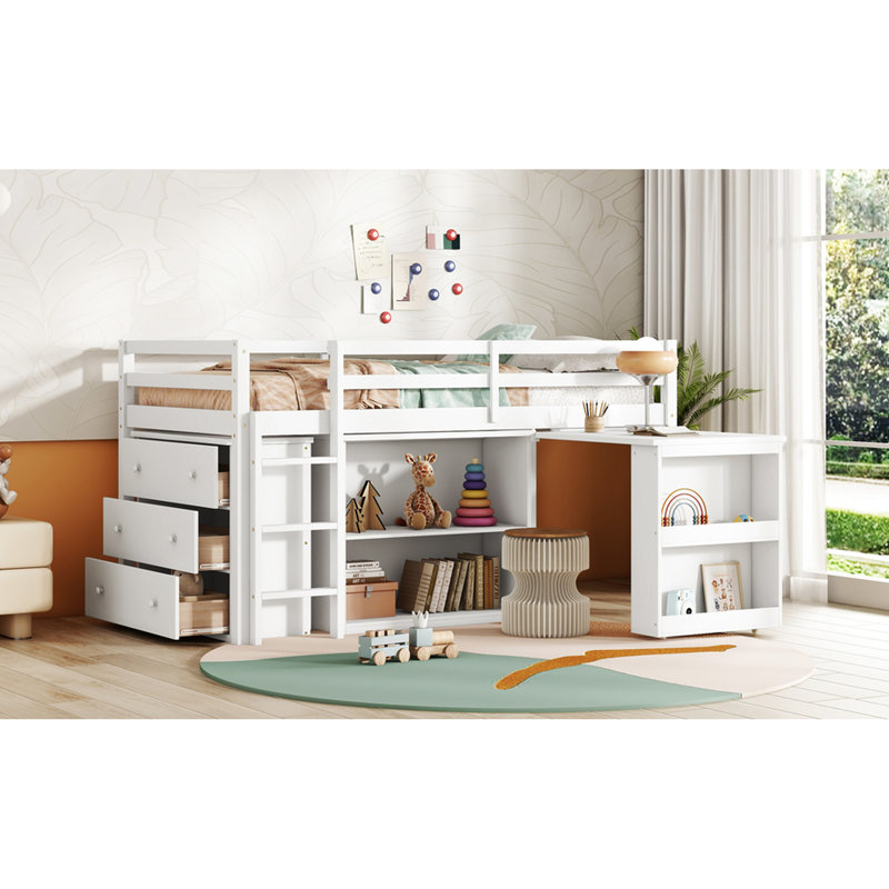 Twin Loft Bed With Pulling Desk And Storage, White Rubber Wood Product Construction Storage -