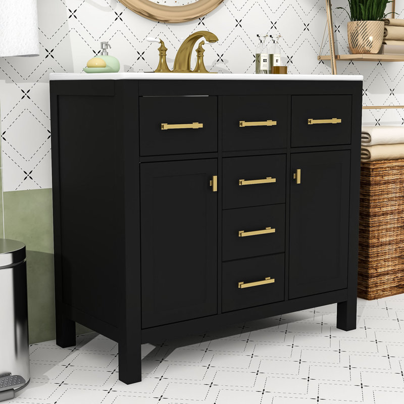Meuble-lavabo simple en bois Voronica avec lavabo en céramique et rangement multifonctionnel, Noir