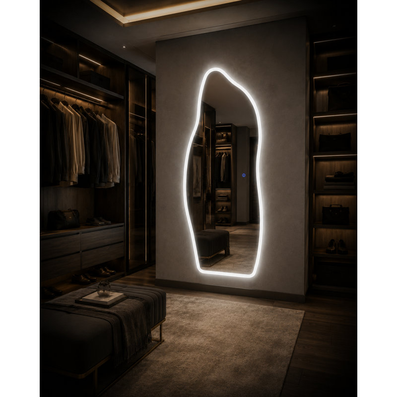 Miroir mural pleine longueur 65 po x 25 po à DEL, miroir de forme irrégulière en verre trempé de forme organique avec éclairage réglable, miroir décoratif moderne pour vestibule de chambre à coucher