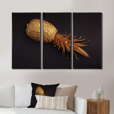 " Gold Painted Tropical Fruits On Black II " 3 - Pieces