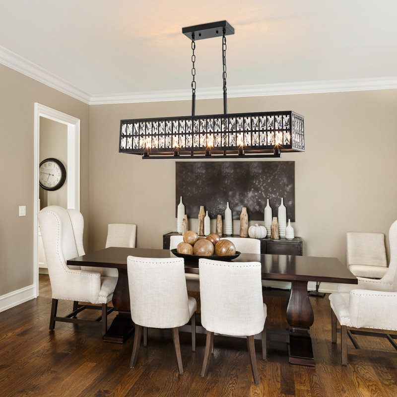 Modern 5 Lights Rectangular Black Crystal Chandelier For Kitchen Island, Matte Black