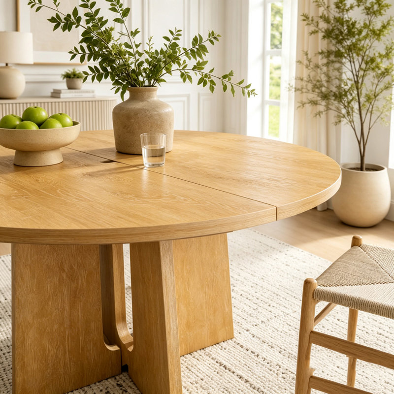 Extendable Solid Wood Round Dining Table, Natural