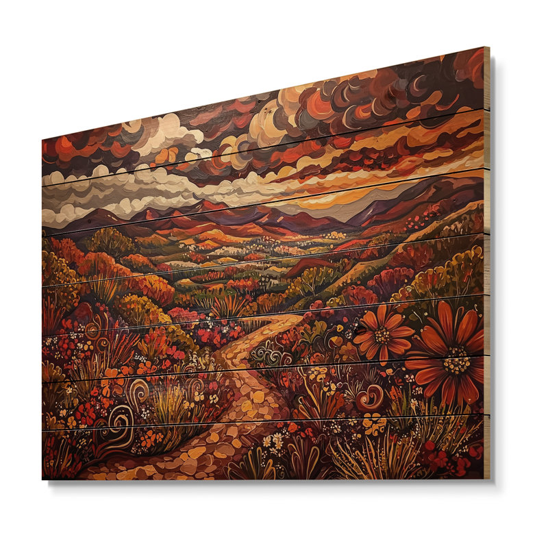 Fleurs rouges du désert mexicain I - paysage mondial, impression sur bois rouge sur bois de pin naturel, H 34 po x l 44 po