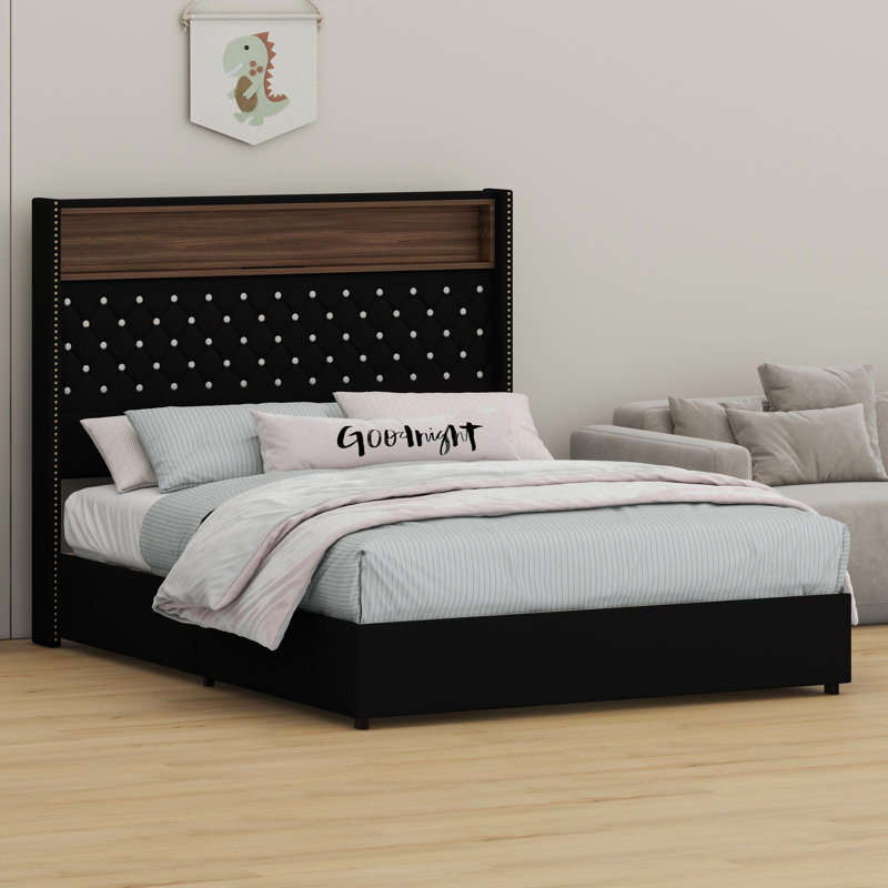 Soft Upholstered Bed Frame Featuring a Tall Wing-Back Headboard with Rivet Details, Built-in Shelving, USB Port, and Ambient Lighting