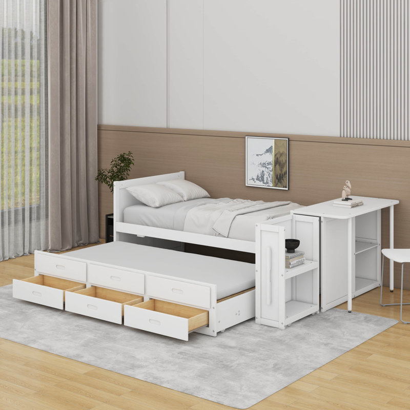 Lit plateforme simple en bois avec bureau et tablette de rangement, Blanc